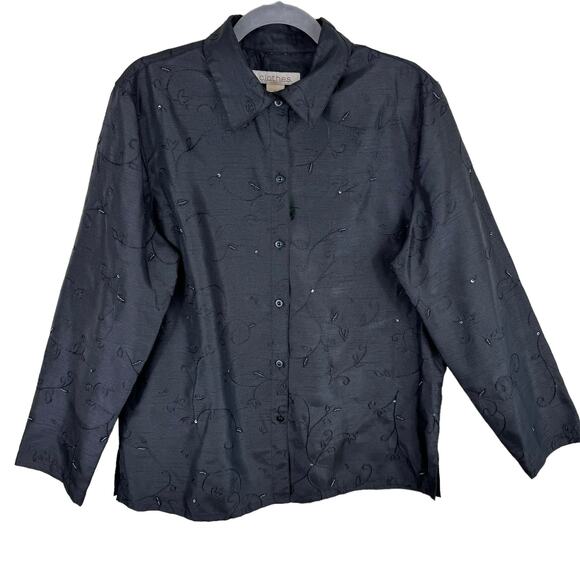 c.l.o.t.h.e.s Black Collared Long Sleeve Floral Beaded Sequin Button Up Size L - Picture 1 of 6